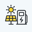 Icon of solar panel, EV charger, sun, and electric bolt, representing EV/solar