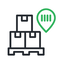 Icon of stacked boxes with barcode and location pin, representing inventory management