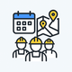 Calendar, map with pins, and group of installers representing scheduling and smart matching